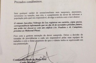 Temeroso com premonição, condomínio na Paulista faz comunicado sobre acidente aéreo